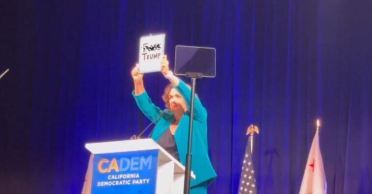 watch:-california-gubernatorial-candidate-katie-porter-waves-vulgar-‘f—-trump’-sign-at-california-democratic-convention