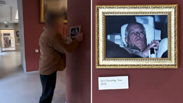 infamous-photo-of-ex-prince-andrew-after-his-arrest-hung-in-the-louvre-by-activists,-stuns-visitors