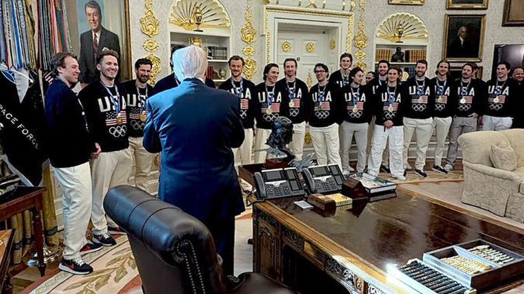 olympic-gold-medalist-us-men’s-hockey-team-visits-white-house-to-celebrate-historic-win-over-canada