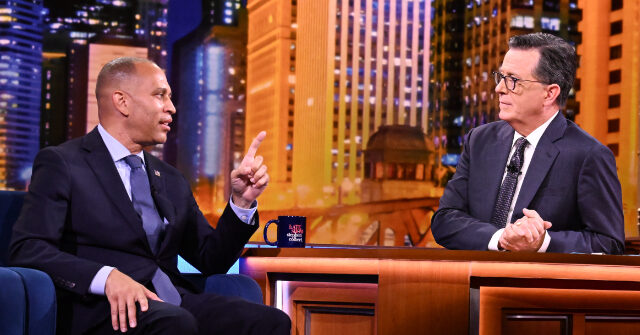 stephen-colbert-mocks-hakeem-jeffries-for-‘silent-defiance’-of-trump-during-sotu:-‘doing-jack-squat’