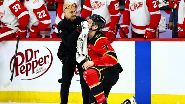 team-usa-star-brady-tkachuk-bloodied-after-hit,-receives-game-misconduct-in-nhl-return