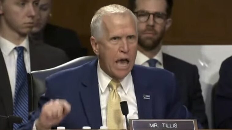 watch:-dems-clap-as-rino-thom-tillis-goes-on-10-minute-rant-screaming-leftist-talking-points-at-kristi-noem-about-january-6-pardons,-ice-operations,-fema-response-–-accuses-noem-of-breaking-laws-and-weirdly-attacks-her-for-killing-dog-in-book