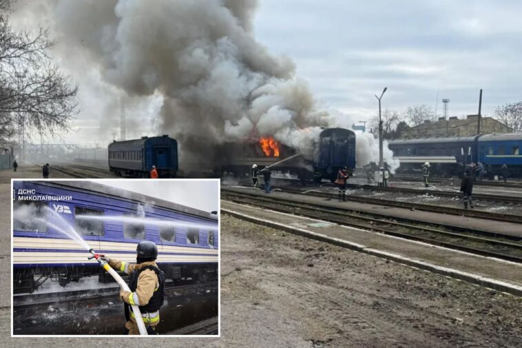 russian-drone-attacks-empty-passenger-train-in-ukraine,-official-says