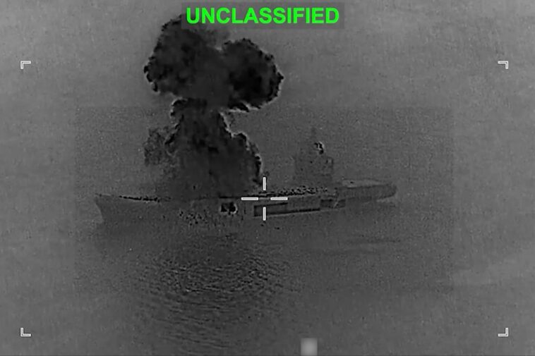 us-military-strikes-iranian-drone-carrier-on-‘mission-to-sink-entire’-navy,-footage-shows