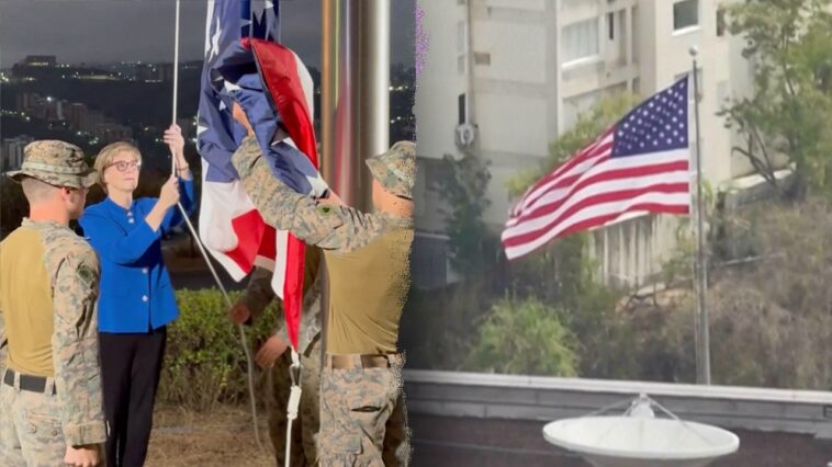 american-flag-raised,-flies-over-us-embassy-in-venezuela-building-for-first-time-in-7-years