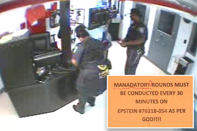 new-video-shows-guards-milling-about-with-epstein-only-a-few-feet-away-in-his-cell—-instead-of-conducting-mandatory-rounds