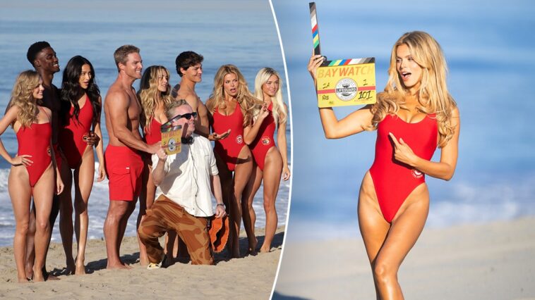 first-look-at-brooks-nader-and-cast-in-iconic-‘baywatch’-red-swimsuits-as-filming-kicks-off-for-reboot