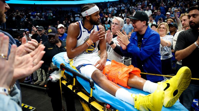 warriors’-moses-moody-leaves-game-on-stretcher-after-suffering-gruesome-injury-on-dunk-attempt