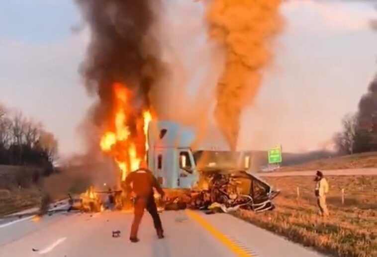 missouri-highway-shut-down-after-semi-truck-collides-with-vehicle,-catches-fire-–-indian-driver-can’t-speak-english-(video)