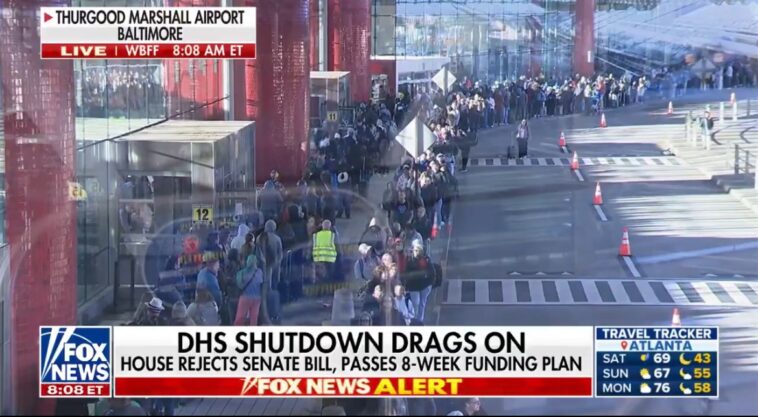 travelers-line-up-on-sidewalk-outside-terminal-in-freezing-temps-at-baltimore-airport-as-democrats-block-funding-for-tsa-(video)