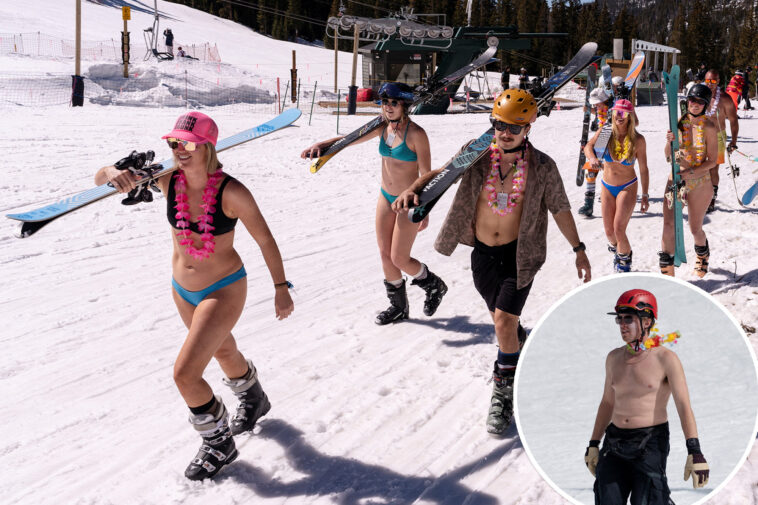 in-record-heat,-us-ski-resorts-bulldoze-snow-—-skiers-wear-bikinis