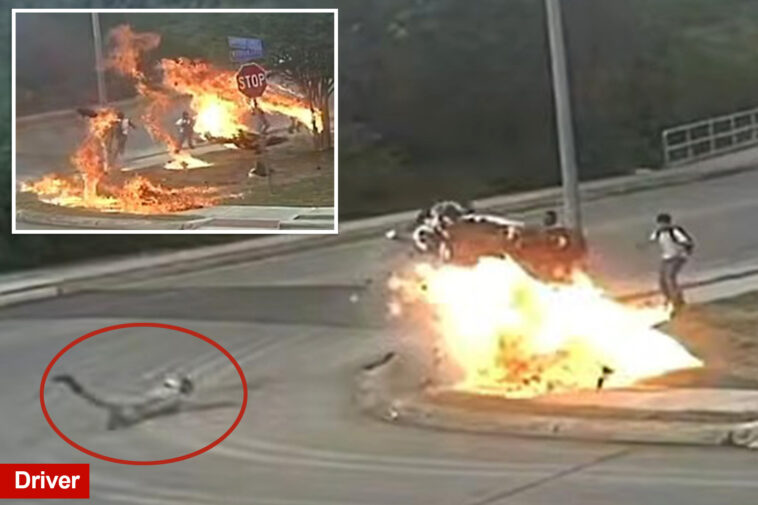 motorcycle-skids-off-the-road-and-explodes-—-narrowly-missing-school-kids-—-in-insane-video