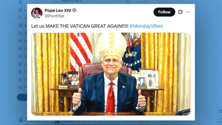 blasphemy:-pope-leo-shares-ai-picture-depicting-himself-as-donald-trump