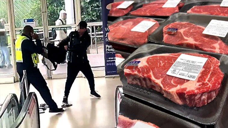 shoplifter’s-beefy-backpack-rips-open-on-escalator,-sending-dozens-of-steaks-sprawling-across-floor