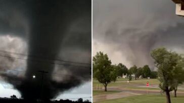 tornado-barrels-through-oklahoma,-ripping-roofs-off-buildings-and-shutting-down-roads