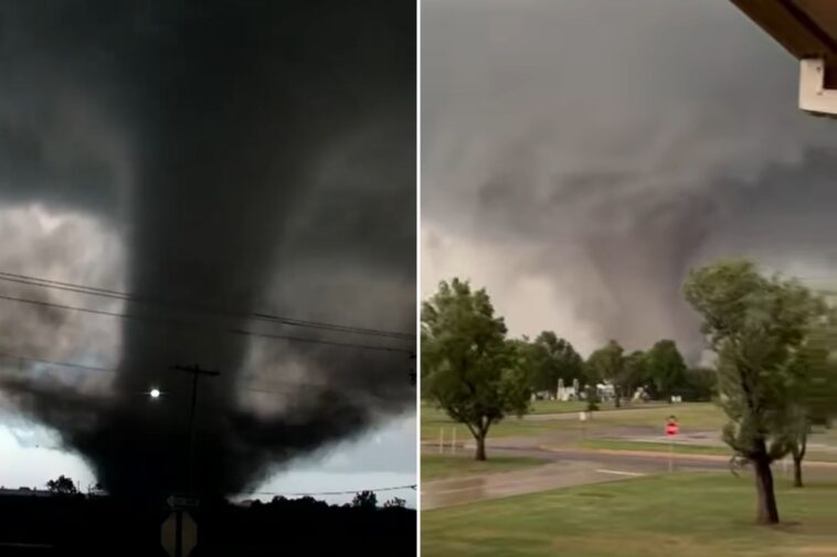 tornado-barrels-through-oklahoma,-ripping-roofs-off-buildings-and-shutting-down-roads
