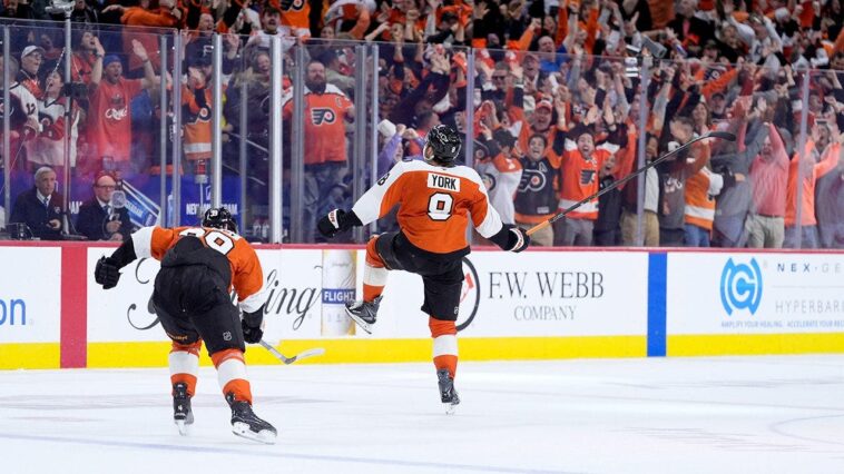 flyers-defenseman-cam-york-fires-stick-into-stands-after-scoring-overtime-series-clincher-vs-penguins