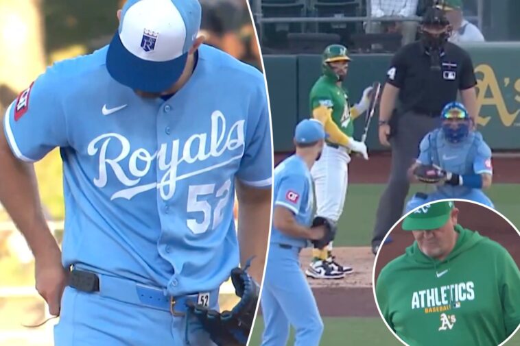 a’s-hitting-coach-ejected-after-michael-wacha’s-broken-chain-causes-pitch-clock-chaos