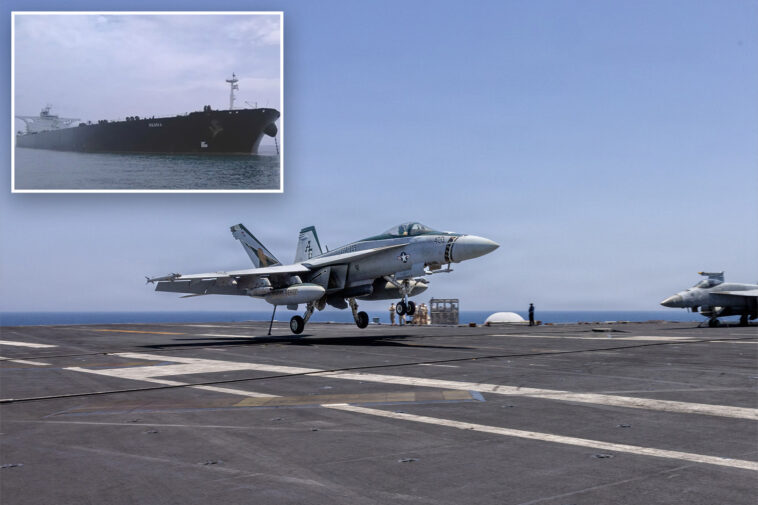 us-f/a-18-super-hornet-fighter-jet-fires-on-iranian-tanker-that-tried-to-break-strait-of-hormuz-blockade