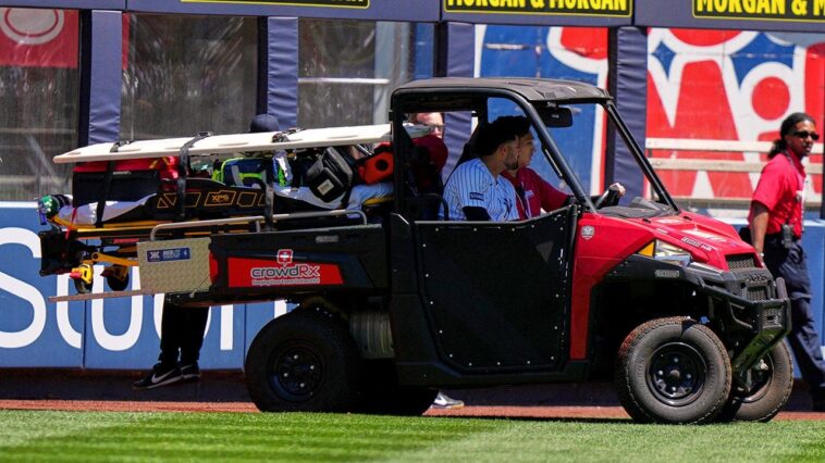 yankees’-jasson-dominguez-carted-off-field-in-tears-after-crashing-into-outfield-wall-after-stunning-catch
