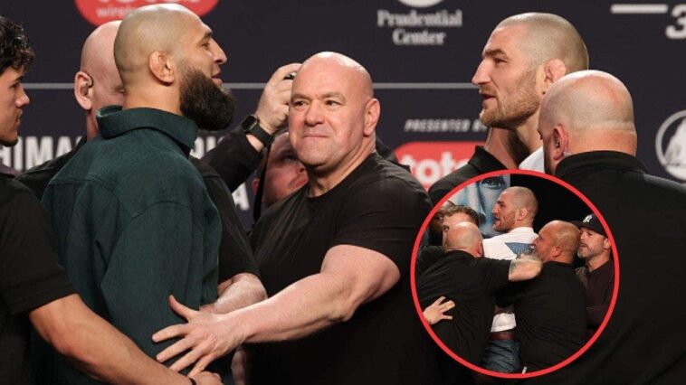 khamzat-chimaev-launches-kick-at-sean-strickland,-sparking-massive-melee-at-ufc-328-press-conference