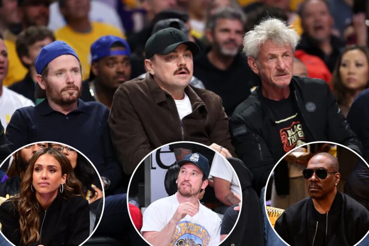 eddie-murphy,-sean-penn,-and-leonardo-dicaprio-attend-thunder-vs.-lakers-game-4-in-what-could-be-lebron-james-last-game