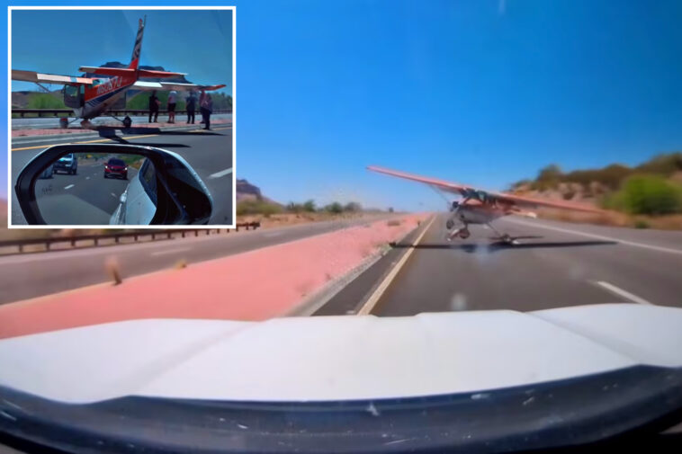 family-of-4-in-truck-narrowly-avoids-being-flattened-by-plane-landing-on-arizona-highway:-video