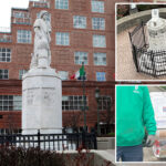 vandals-mount-toilet-to-toppled-christopher-columbus-statue-as-activist-fumes-over-lack-of-investigation:-‘blatant-racism’