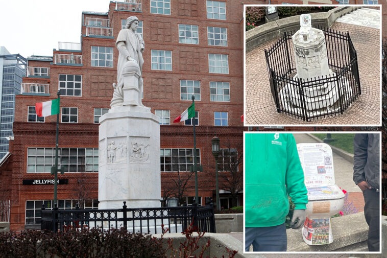 vandals-mount-toilet-to-toppled-christopher-columbus-statue-as-activist-fumes-over-lack-of-investigation:-‘blatant-racism’
