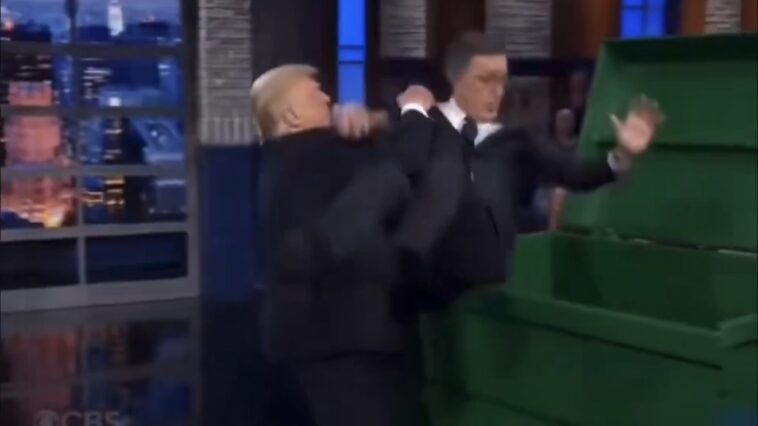 instant-classic!-trump-posts-epic-ai-video-of-him-throwing-stephen-colbert-in-dumpster,-then-doing-trump-dance-after-colbert-fired-by-cbs-(video)