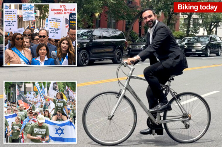ex-mayors-join-hochul,-tisch-and-thousands-at-nyc’s-israel-parade-—-while-no-show-zo-bizarrely-rides-bike-around-town-in-business-suit-and-no-helmet
