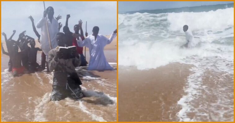 viral-video:-nigerian-pastor-attempts-to-part-the-sea-like-moses-—-ocean-has-other-plans-as-massive-wave-sends-him-running