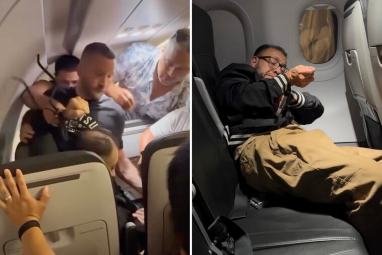 deranged-frontier-airlines-passenger-tries-to-jump-out-of-plane-mid-flight,-causing-emergency-landing-in-miami,-wild-video-shows