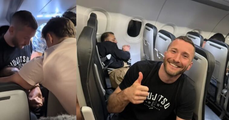 wild-video:-deranged-passenger-tries-to-jump-out-of-frontier-plane-mid-flight,-hero-former-pro-mma-fighter-wearing-jiu-jitsu-shirt-ties-him-up-with-seatbelts-and-saves-everyone