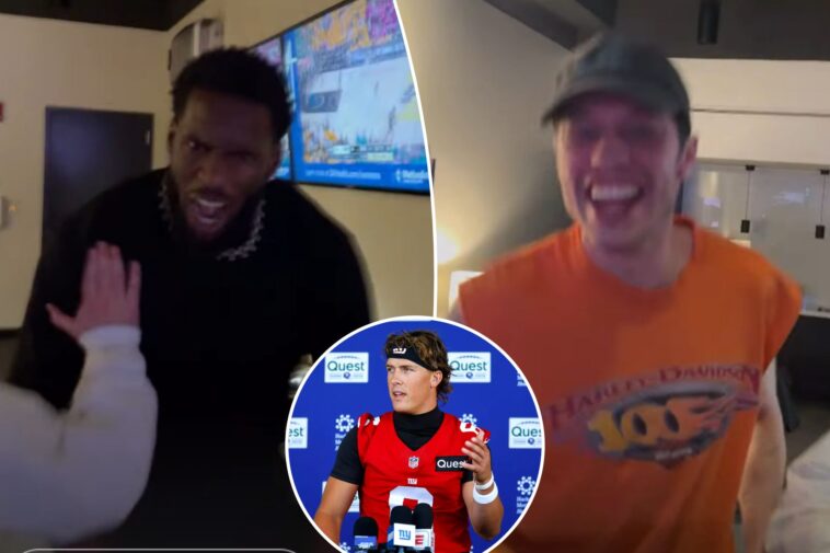 jaxson-dart,-giants-teammates-celebrate-huge-knicks-moment-in-suite-with-pete-davidson
