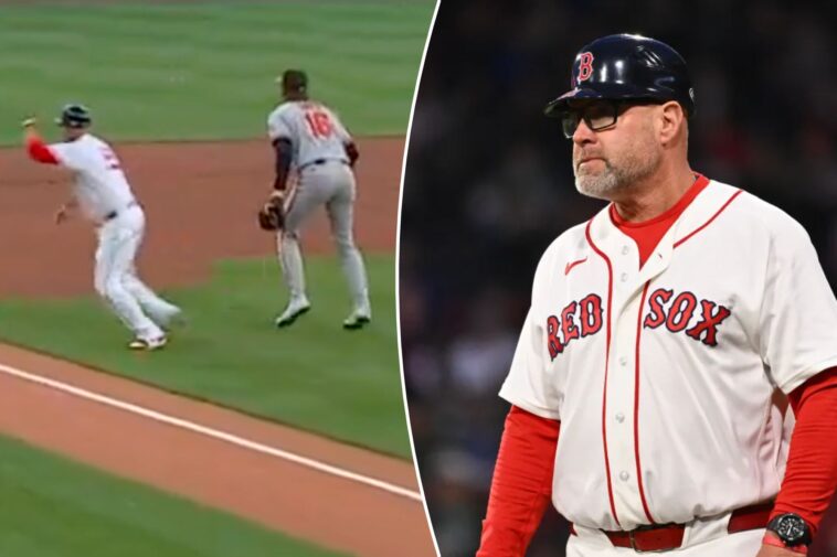 red-sox-third-base-coach-ends-up-waving-runner-home-from-fair-territory-in-bizarre-moment