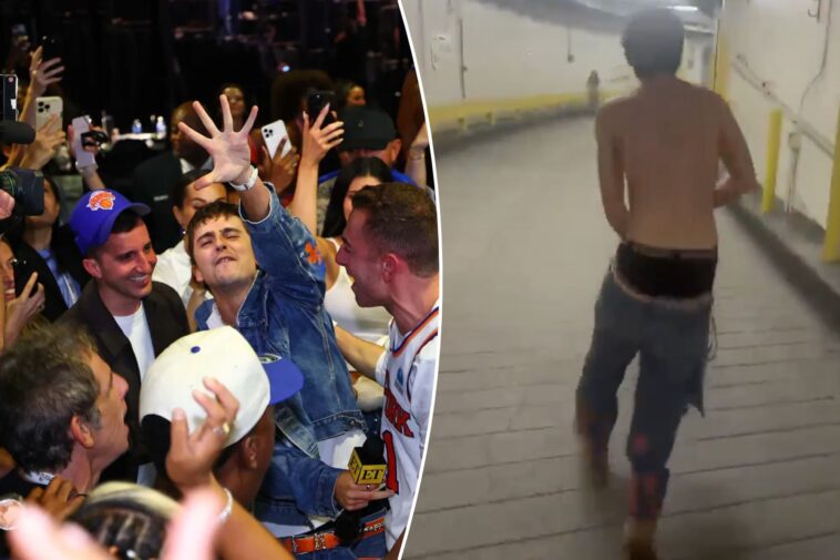 timothee-chalamet-rips-off-shirt,-grabs-microphone-as-knicks-celebration-gets-crazy