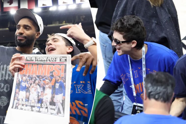 timothee-chalamet-holds-up-the-post,-throws-oscars-shade-as-he-wildly-celebrates-knicks-championship