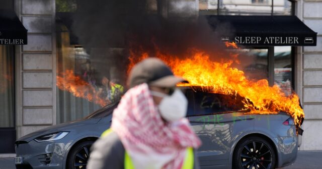 far-leftists-torch-tesla,-smash-shop-windows,-clash-with-cops-at-g7-summit-in-geneva