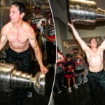 hurricanes-coach-rod-brind’amour-goes-shirtless-to-lift-stanley-cup-in-wild-locker-room-celebration