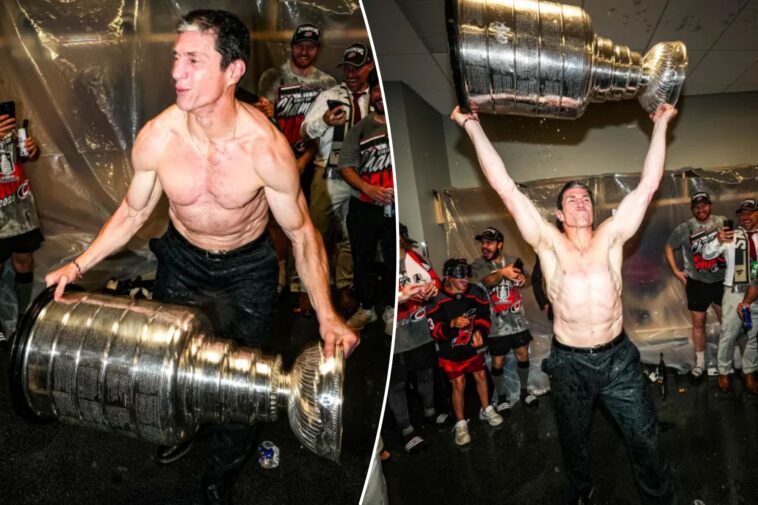 hurricanes-coach-rod-brind’amour-goes-shirtless-to-lift-stanley-cup-in-wild-locker-room-celebration