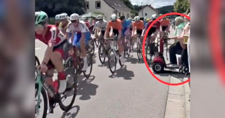 shock-video:-clueless-pensioner-rides-her-mobility-scooter-in-the-path-of-racing-cyclists,-sends-them-flying