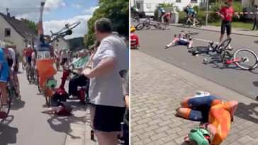 elderly-woman-on-mobility-scooter-drives-into-bike-race,-causing-mass-collision-as-cyclists-somersault-over-handlebars:-video