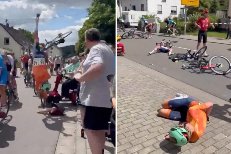 elderly-woman-on-mobility-scooter-drives-into-bike-race,-causing-mass-collision-as-cyclists-somersault-over-handlebars:-video