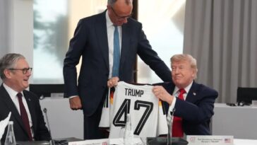 german-chancellor-gives-trump-a-‘trump-47’-soccer-jersey-as-belated-birthday-gift-at-g7-summit
