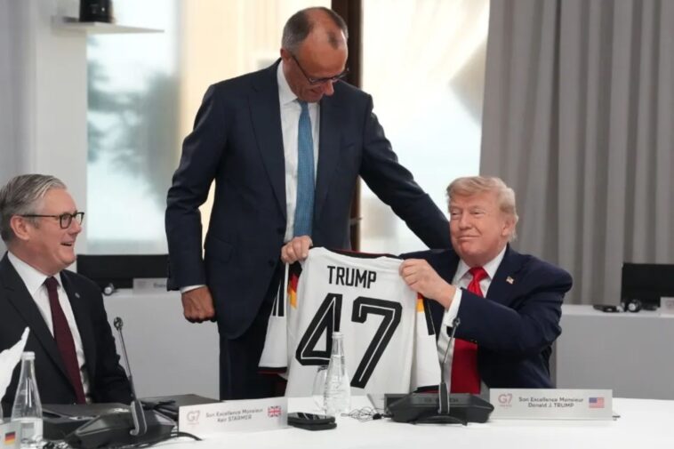 german-chancellor-gives-trump-a-‘trump-47’-soccer-jersey-as-belated-birthday-gift-at-g7-summit