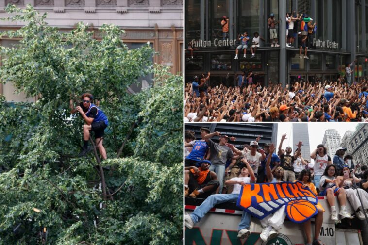 diehard-nyc-knicks-fans-climb-trees,-fire-escapes,-scaffolding-and-more-to-catch-glimpse-of-nba-champs