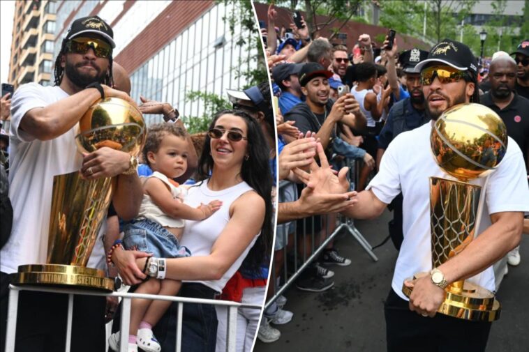 jalen-brunson-lifts-larry-o’brien-trophy-alongside-wife,-daughter-at-knicks-parade
