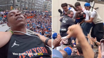 chaotic-moment-knicks-fans-climb-structure-to-save-reveler-from-apparent-overdose-during-championship-parade