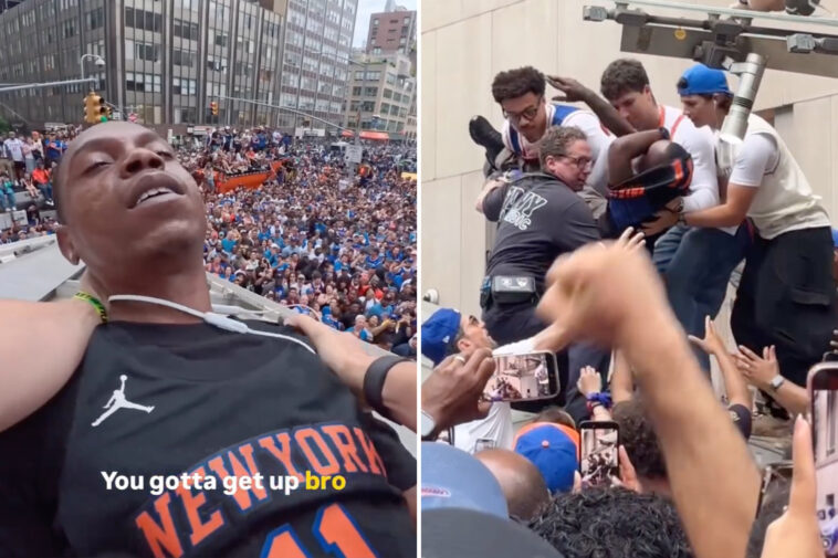 chaotic-moment-knicks-fans-climb-structure-to-save-reveler-from-apparent-overdose-during-championship-parade